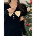 Puff-sleeve Bow Accent A-line Dress With Arm Sleeves - Black - One Size