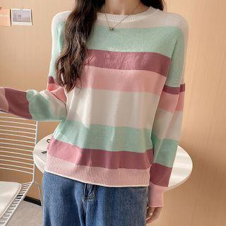 Long-sleeve Color Block Striped Knit Top