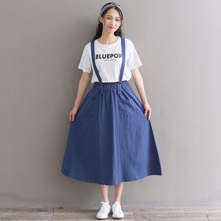 Set: Lettering Short Sleeve T-shirt + Plain Midi Suspender Skirt
