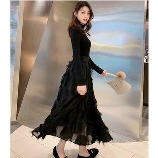 Set: Mock Neck Knit Top + Fringe A-line Midi Skirt