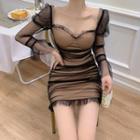 Bell-sleeve Mesh Mini Sheath Dress