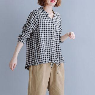 Plaid V-neck Drawstring Long-sleeve Shirt Plaid - F