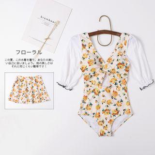 Set: Elbow-sleeve Floral Print Panel Swimsuit + Swim Skirt