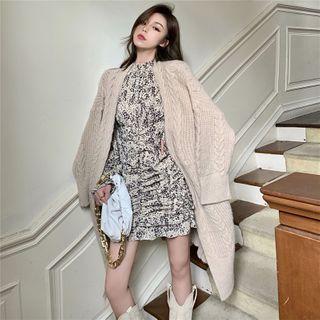 Open-front Long Knit Cardigan / Leopard-print Tube Top / Floral Smocked Mini Dress