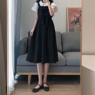 Short-sleeve Blouse / Sleeveless Midi A-line Dress / Set
