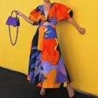 Puff-sleeve Color Block Cutout Maxi A-line Dress