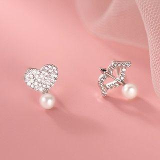 Arrow & Heart Rhinestone Faux Pearl Asymmetrical Sterling Silver Earring 1 Pair - Silver - One Size