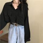 Long-sleeve Drawstring-hem Crop Shirt Black - One Size