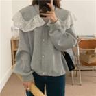 Ruffle Trim Lace Panel Button-up Sweatshirt