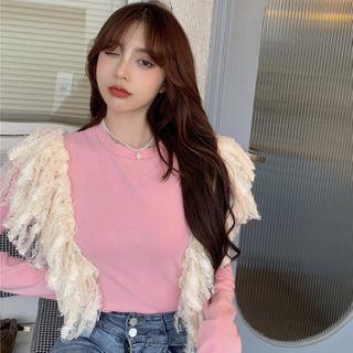 Crewneck Mesh Lace Top Pink - One Size