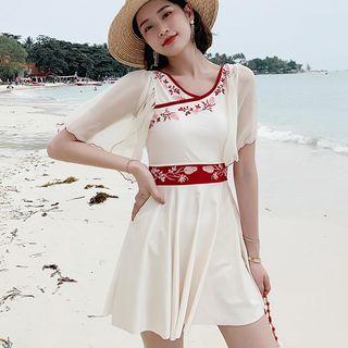 Set: Short-sleeve Embroidered Swimdress +bottom
