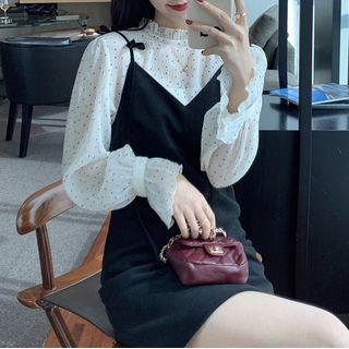 Bell-sleeve Dotted Blouse / Mini Overall Dress