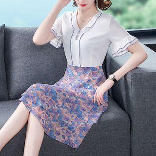Floral Print Panel Bell-sleeve A-line Dress