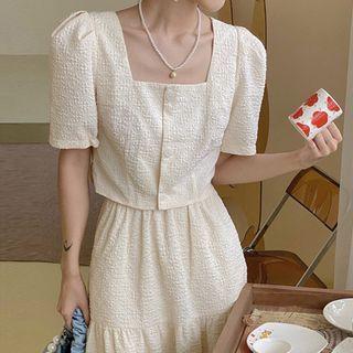 Set Of 2: Short-sleeve Square-neck Plain Cropped Top + High-waist Plain Skirt