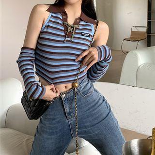 Set: Sleeveless Striped Knit Top + Arm Sleeves