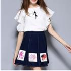 Set: Frill Trim Short Sleeve Top + Printed Applique Denim Skirt