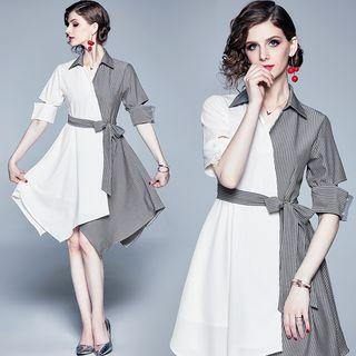 Stripe Panel Short-sleeve A-line Shirt Dress