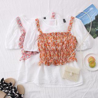 Set: Floral Chiffon Camisole Top + Bubble-sleeve Plain Blouse