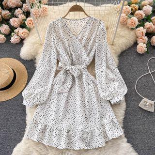 V-neck Dots Long-sleeve Dress