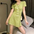 V-neck Short-sleeve Dress Avocado Green - One Size