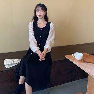 Square-neck Two-tone Button-up Dress