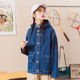 Stand Collar Hooded Buttoned Denim Jacket
