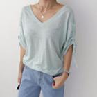 Drawstring-sleeve Linen Blend T-shirt