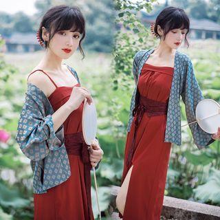 Print Cover-up / Spaghetti Strap Midi Dress / Belt / Set