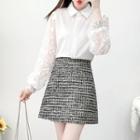 Set: Long-sleeve Lace Panel Chiffon Blouse + A-line Mini Skirt