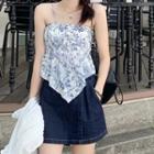 Floral Print Asymmetrical Camisole Top / Mini Denim Skirt