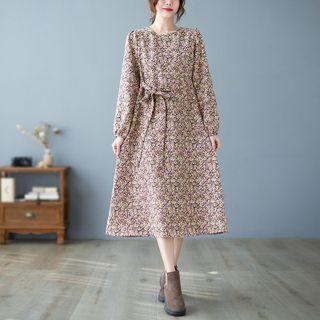 Long-sleeve Round-neck Floral Print Dress