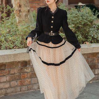 Set: Single-breasted Velvet Jacket + Mesh Midi A-line Skirt
