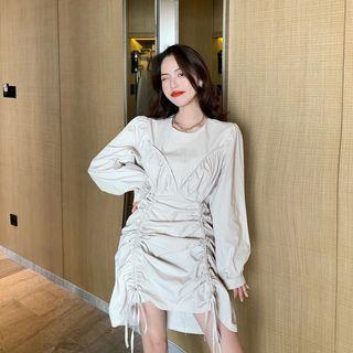 Balloon-sleeve Drawstring A-line Dress