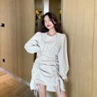 Balloon-sleeve Drawstring A-line Dress