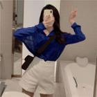 Long-sleeved Hooded Sheer Top / High-waist Shorts
