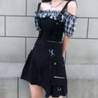 Mock Two-piece Cold-shoulder Plaid Blouse / Pocket Detail Mini A-line Skirt