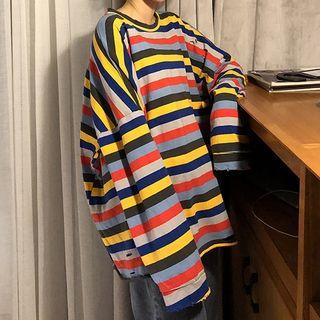 Striped Long-sleeve Ripped T-shirt