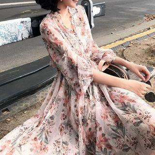Set: Long-sleeve Floral Print Midi A-line Dress + Slipdress