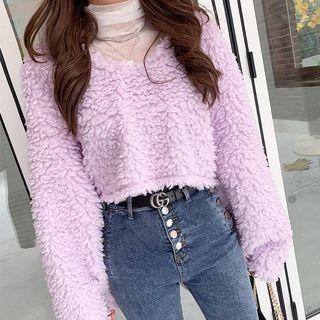V-neck Sherpa-fleece Cropped Top