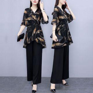 Set: Leaf Print Elbow-sleeve Blouse + Wide-leg Pants