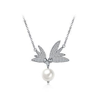 925 Sterling Silver Swallow Necklace In With Pearl And Austrian Element Crystal And Necklace Silver - One Size