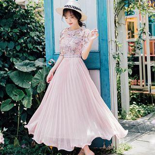 Elbow-sleeve Embroidered A-line Midi Sun Dress