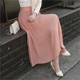 Band-waist Pleated Maxi Skirt