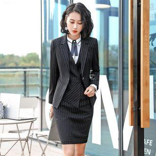 Pinstriped Blazer / Pencil Skirt / Dress Pants / Contrast Trim Blouse / Set