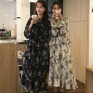 Floral Print Long-sleeve Tiered Midi Chiffon Dress