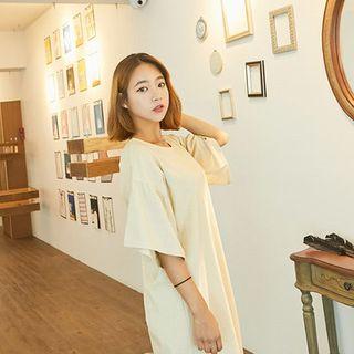 3/4-sleeve Linen Blend Midi Shift Dress