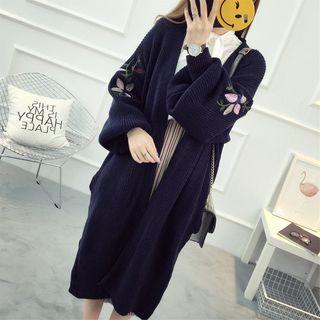 Floral Embroidered Lantern-sleeve Long Cardigan