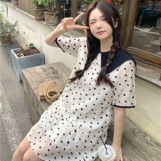 Short-sleeve Collar Heart Print A-line Dress Almond - One Size