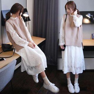 Lace Long-sleeve Midi A-line Dress / Knit Vest