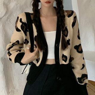 Leopard Print Cardigan Black & Beige - One Size